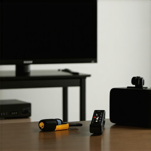 Professional calibration tools being used on a Mini LED TV in a dark room