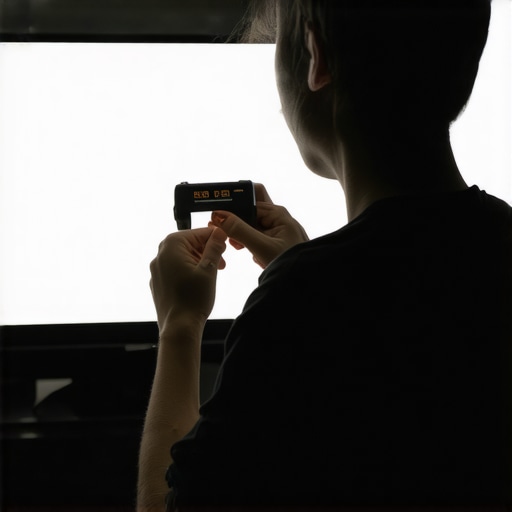 Person adjusting contrast and brightness settings on a Mini LED TV in a dimly lit room