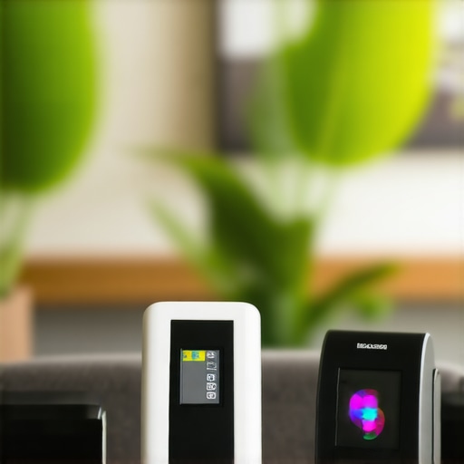 A professional calibration setup with advanced color measurement devices in a living room environment