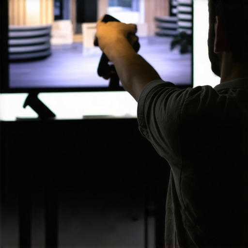 Person adjusting a TV with calibration tools in a dim room
