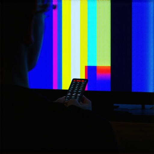 Person adjusting contrast and brightness on a Mini LED TV using test pattern for optimal picture quality.