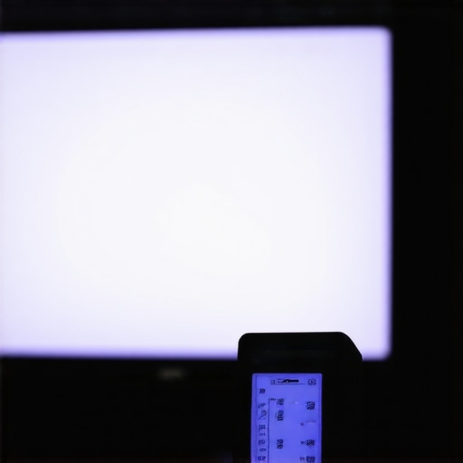 A colorimeter measuring a mini LED TV's contrast and brightness