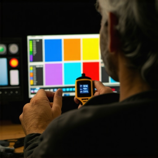 Technician calibrating a Mini LED TV with colorimeter and test patterns for optimal brightness and contrast