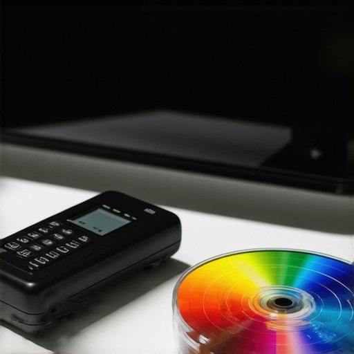 Calibration tools like colorimeter and test disc arranged beside a sleek QLED TV, illustrating setup for maintaining picture quality.