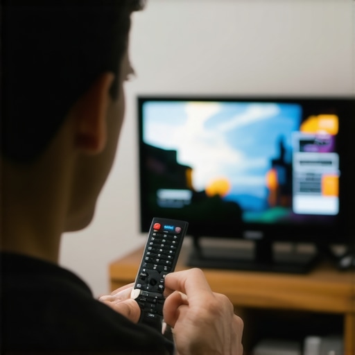 Person fine-tuning picture settings on a Mini LED TV to optimize contrast and brightness