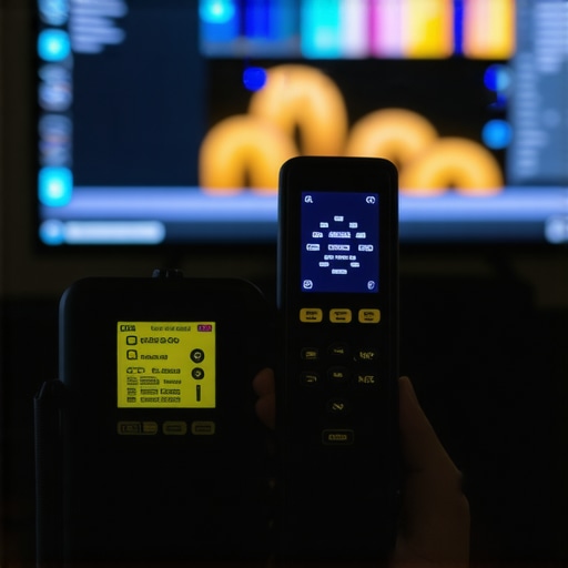 Professional colorimeter calibrating a 4K television in a dark room to maintain contrast and HDR brightness.