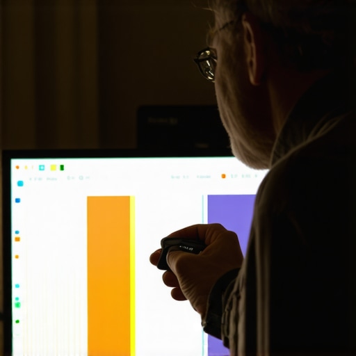 Technician calibrating a Mini LED TV with specialized hardware and software in a controlled environment