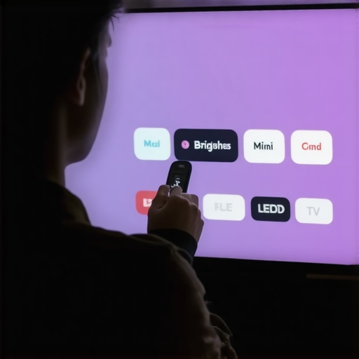 Person calibrating brightness and contrast on a Mini LED TV in a home theater setup.