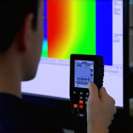 Technician adjusting a high-end TV with a calibration device