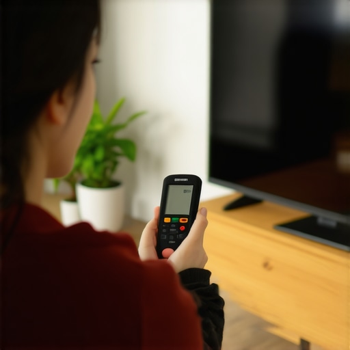 Person adjusting TV settings with a colorimeter for optimal contrast and HDR performance