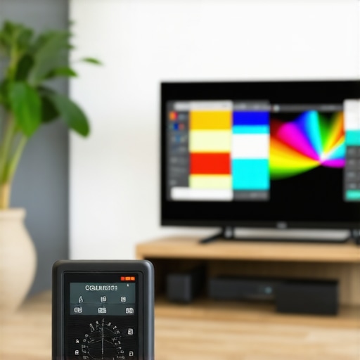 A technician calibrating a mini LED TV using a colorimeter and calibration software in a sleek living room setting