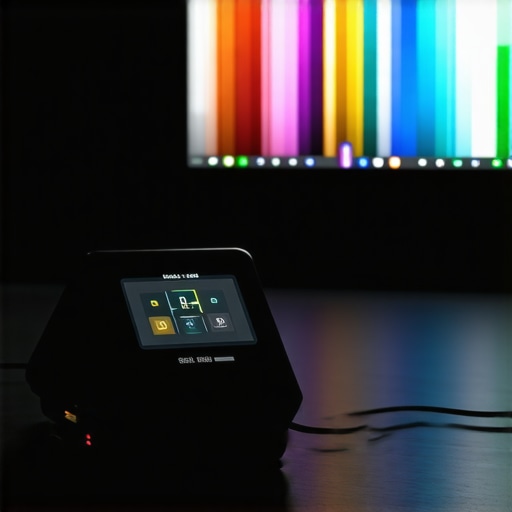 A colorimeter device measuring a Mini LED TV's contrast and brightness in a dimly lit environment.