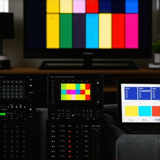 Calibration software on a computer screen with test patterns for TV contrast and HDR adjustment.