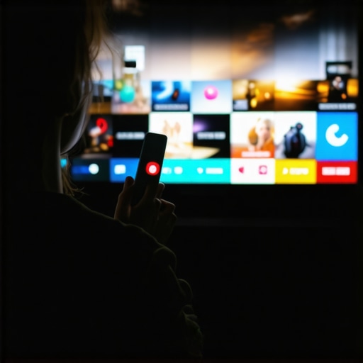 Person using remote to adjust contrast and brightness on a mini LED TV in a dimly lit room.