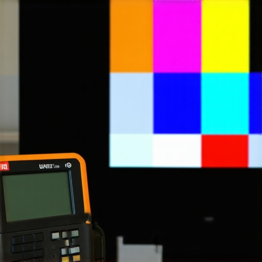 A person adjusting a colorimeter next to a high-definition TV screen during calibration.