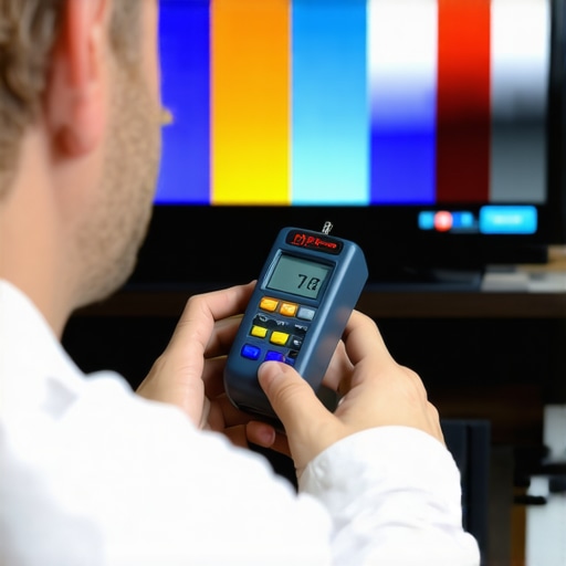 Close-up of a colorimeter device measuring a mini LED TV screen during calibration.