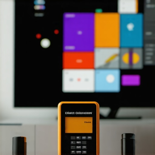 Calibration device measuring a TV's color profile in a home entertainment setup.